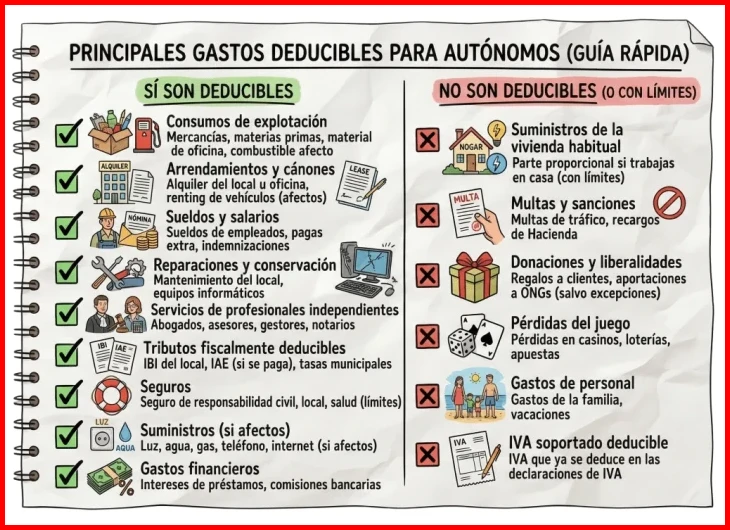 4.2.3. Gastos fiscalmente deducibles: según la documentación interna de la Agencia Tributaria, estos conceptos están definidos en la Ley del IRPF y en el Reglamento de aplicación, estableciendo que los autónomos pueden deducir gastos como alquileres, servicios profesionales, primas de seguros y material inventariable, siempre que estén justificados y sean necesarios para generar ingresos.</li></p>

<ul><li>Guía Fiscal 2026 gastos deducibles como autónomo en España: este recurso informativo recopila los gastos que los autónomos pueden incluir en su declaración del IRPF, tales como cuotas a la Seguridad Social, gastos de oficina, comunicaciones, publicidad, formación profesional, suministros de la vivienda si hay actividad declarada, y otros costes operativos vinculados al negocio.</li></ul></ol>